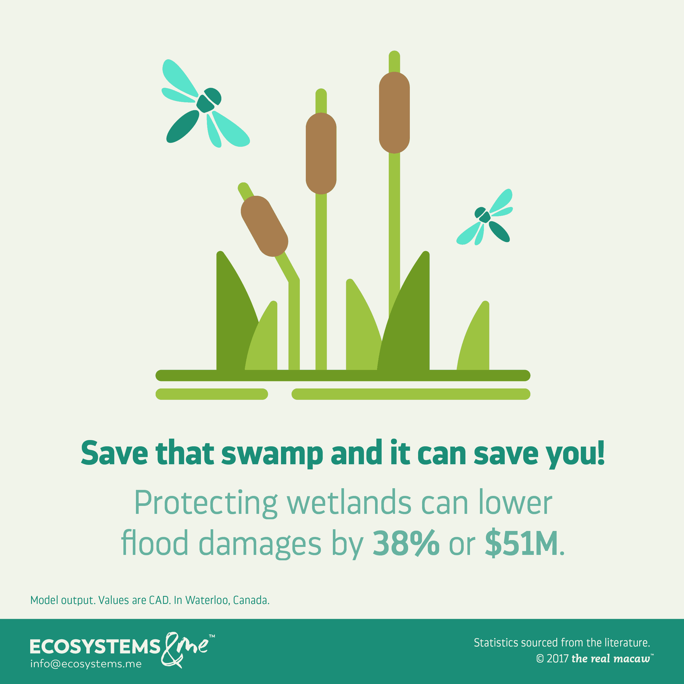 Protecting Waterloo wetlands can lower flood damages by 38%, or $1.1 million. Let the swamp save you!